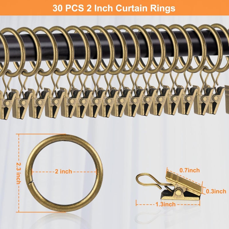 Hanitronic 30 PCS Antique Brass Clips Curtain Hooks for Curtain Rod, This Drapery Curtain Ring with Clips Hook Fit Up to 1.5~1.75 -inch Drapery Panel (2-Inch Inner Diameter) - Image 2